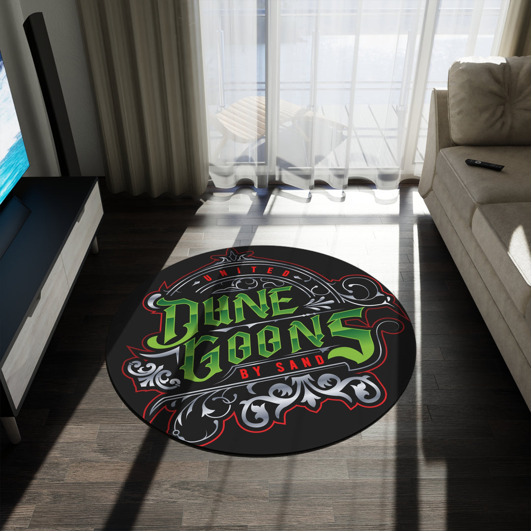 Dune Goons Round Rug – Black Gothic Script Floor Mat