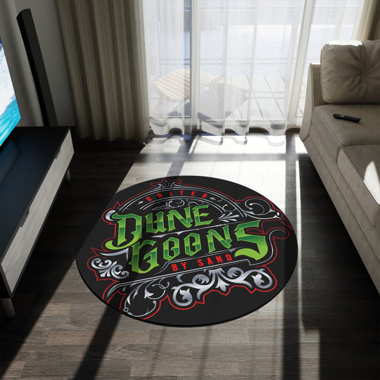 Dune Goons Round Rug – Black Gothic Script Floor Mat