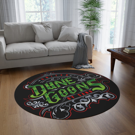Dune Goons Round Rug – Black Gothic Script Floor Mat