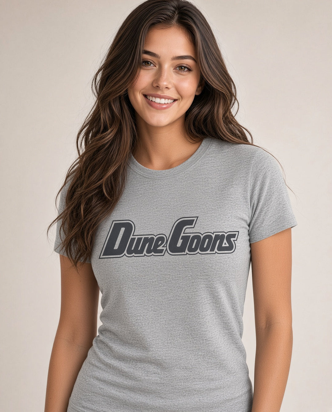 Dune Goons Oregon Coast Tee in Solid Athletic Grey, front view with the Dune Goons wordmark