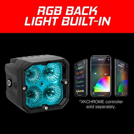 XK Glow XKchrome 20w LED Cube Light w/RGB Accent Light Kit w/Controller- Fog Beam 2pc