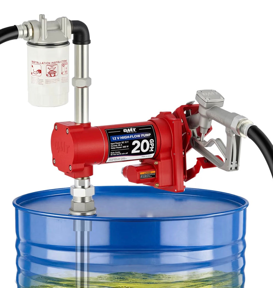 OMT 12V High-Flow Fuel Transfer Pump - 20 GPM with Nozzle & Filter