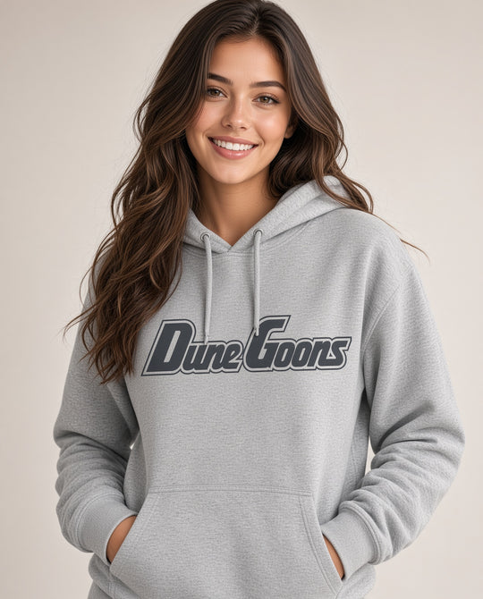 Dune Goons Oregon Coast Hoodie in Light Heather Grey, front view with the Dune Goons wordmark