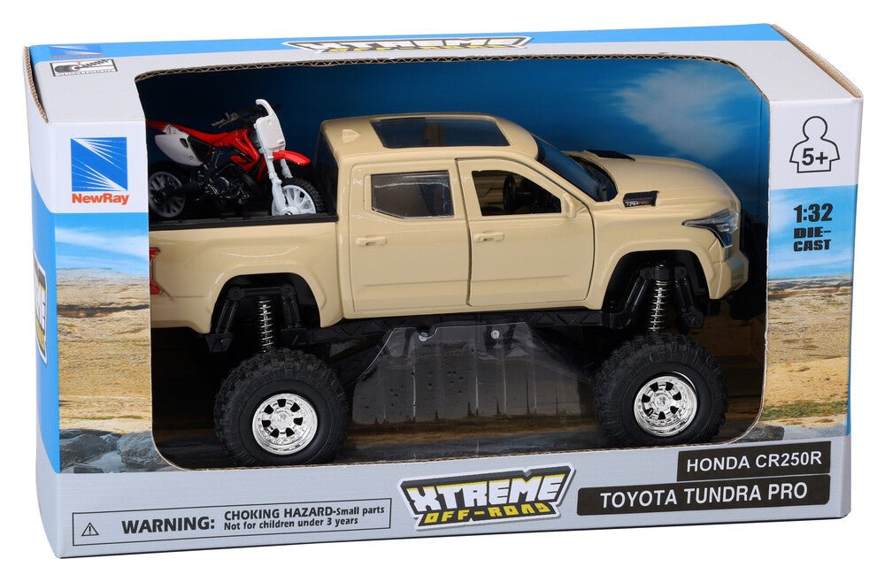 New - Ray 1:12 Muddy Toyota Tundra Pickup + Honda CRF450R Dirt Bike Toy Set – 959 - 0199 / SS - 54456 - Dune Goons