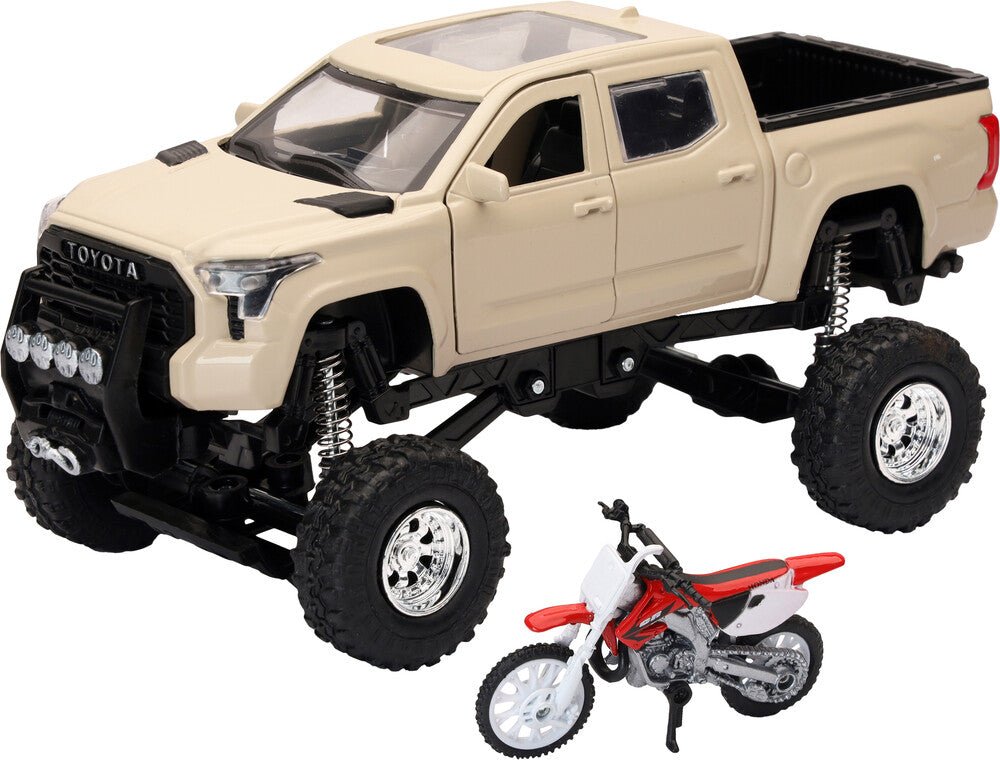 New - Ray 1:12 Muddy Toyota Tundra Pickup + Honda CRF450R Dirt Bike Toy Set – 959 - 0199 / SS - 54456 - Dune Goons