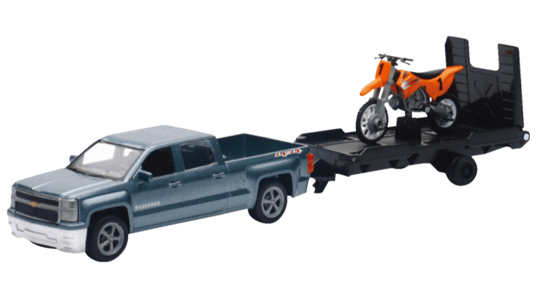 New - Ray 1:43 Chevrolet Silverado Pickup w/ Dirt Bike – Gray/Orange 7001 - 0052 / 19535A - Dune Goons